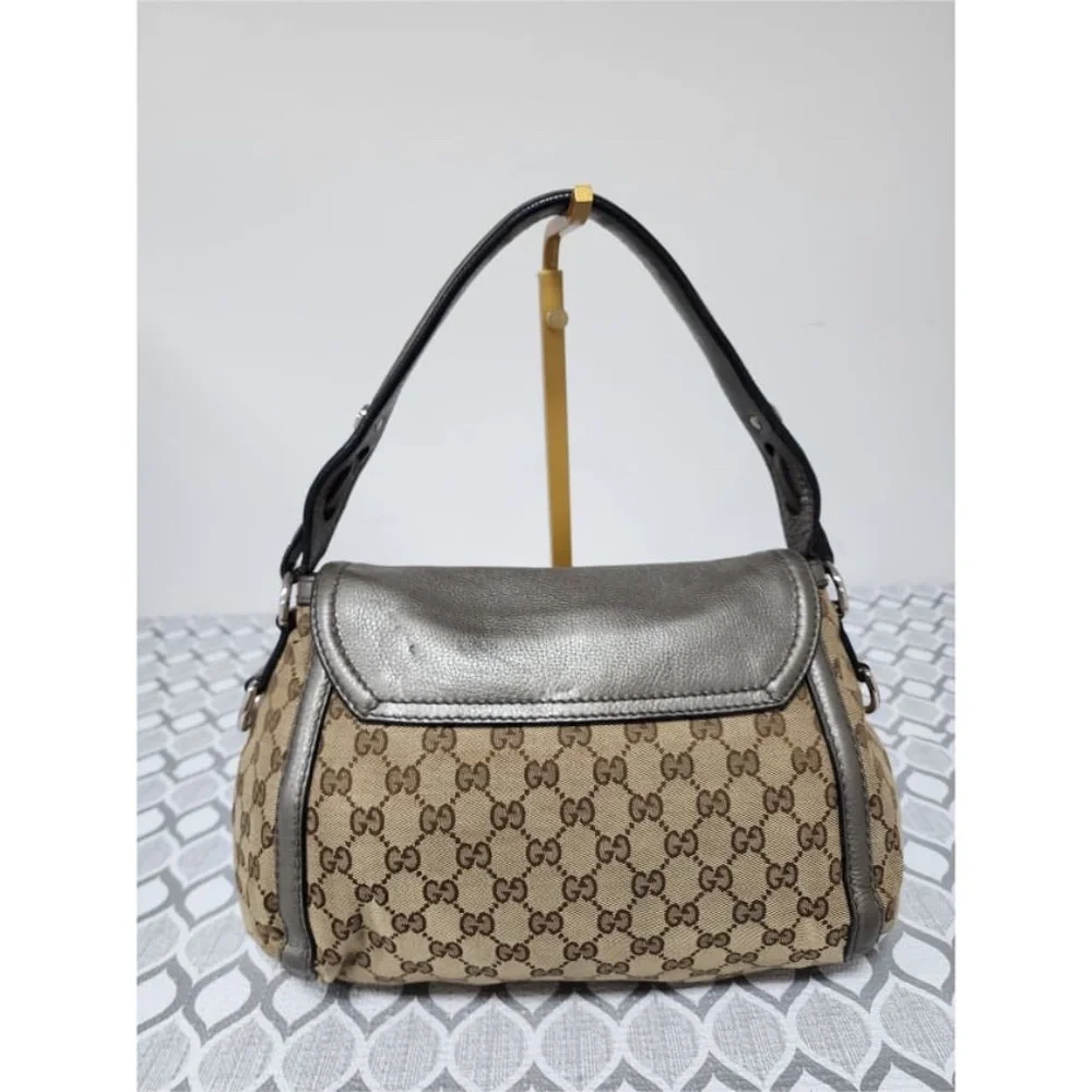 Authentic Gucci Medium GG Canvas Techno Horsebit Flap Hobo Bag Grey/Beige